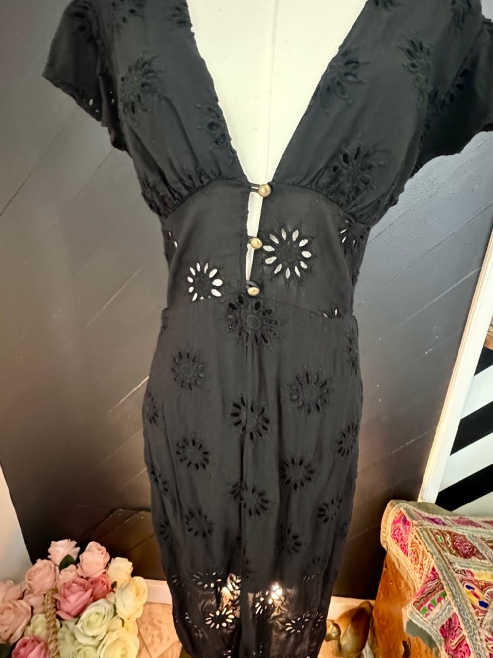 Vix Paula Hermanny Black Romance Broderie Anglaise Eyelet Voile Midi Dress - Picture 5 of 8